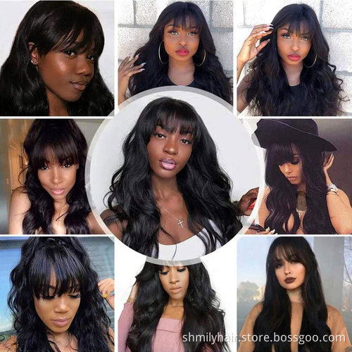 Shmily Wholesale Brazilian Body Wave Wig Full Machine Made Remy Human Hair Wig with Bangs 150 density Straight Wig With Bangs